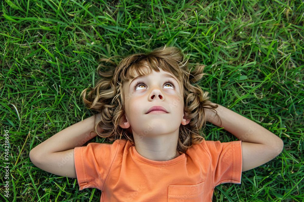Child looking to the sky with hope expression on the grass Child looking to the sky with hope expression on the grass
