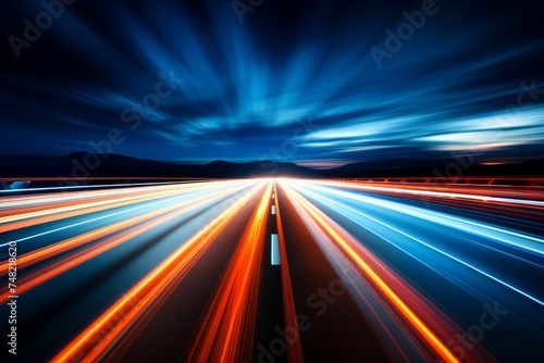 Abstract city lights on night highway road, traffic with motion lights, long exposure blurred image
