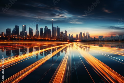 Abstract city road lights at night, traffic motion blurred, long exposure urban highway background