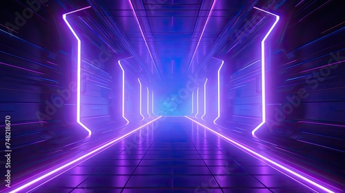 A long, futuristic corridor with glowing purple neon lights. The corridor is made of metal and has a tiled floor.