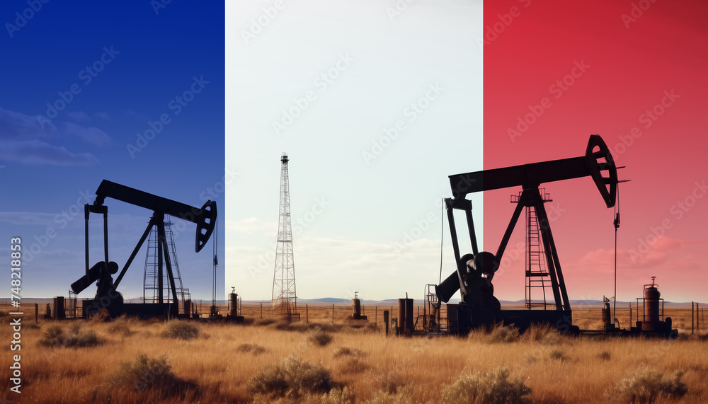 France oil industry .Crude oil and petroleum concept. France flag background France oil industry .Crude oil and petroleum concept. France flag background