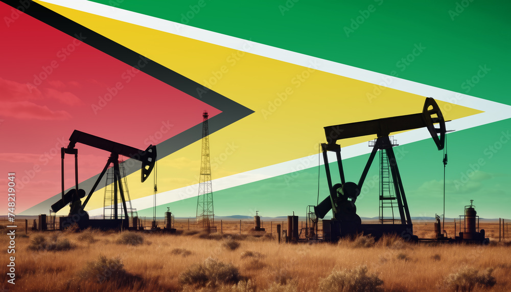 Guyana oil industry .Crude oil and petroleum concept. Guyana flag background Guyana oil industry .Crude oil and petroleum concept. Guyana flag background