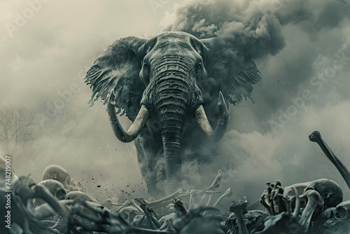
Look up, A ferocious and strong elephant stands on a pile of skeletons