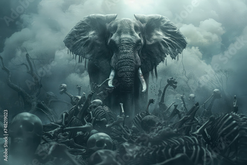  Look up, A ferocious and strong elephant stands on a pile of skeletons © Kitta
