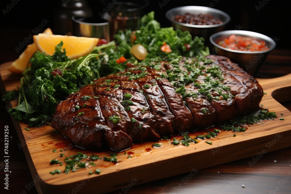Juicy piece of meat with vegetables and sauces on a wooden board. Juicy piece of meat with vegetables and sauces on a wooden board.