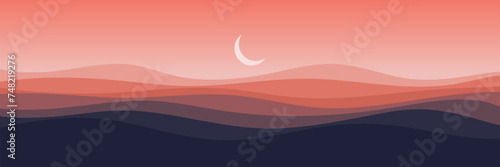 night mountain landscape with crescent moon scene flat design vector illustration web banner, ads banner, booklet, wallpaper, background template, and advertising	