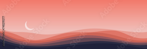 minimalist night mountain landscape with crescent moon flat design vector illustration web banner, ads banner, booklet, wallpaper, background template, and advertising	
