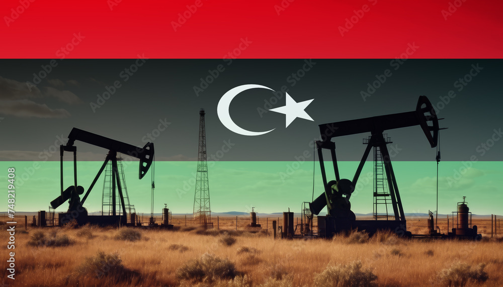 Libya oil industry .Crude oil and petroleum concept. Libya flag background