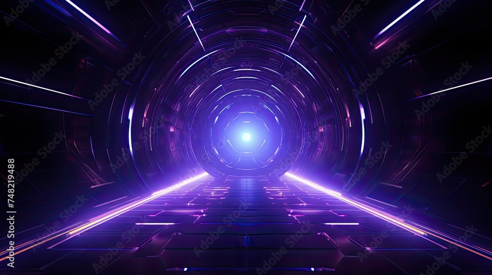 3D rendering of a futuristic tunnel with glowing lights. The tunnel is made of dark metal and has a bright light at the end. - obrazy, fototapety, plakaty 