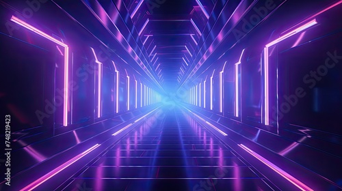 3D rendering of a futuristic tunnel with glowing neon lights. Abstract background with vibrant colors.