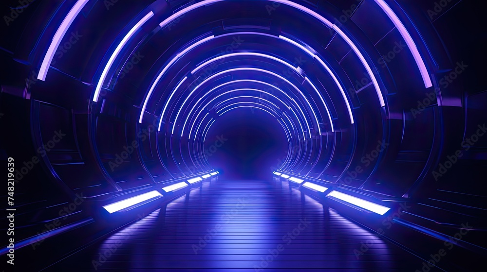 3D rendering of a futuristic tunnel with glowing blue neon lights. The tunnel is made of dark metal and has a shiny reflective floor. - obrazy, fototapety, plakaty 