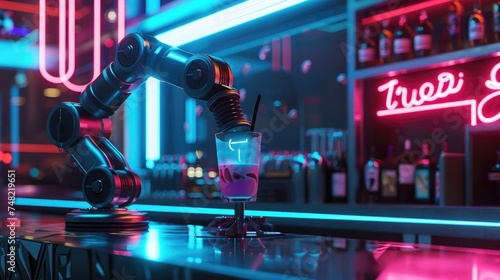 Futuristic robotic arm preparing a drink under vibrant neon lights, capturing the essence of nightlife. Robotic arms