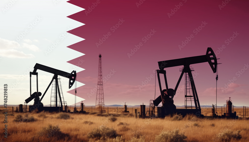 Qatar oil industry .Crude oil and petroleum concept. Qatar flag background Qatar oil industry .Crude oil and petroleum concept. Qatar flag background