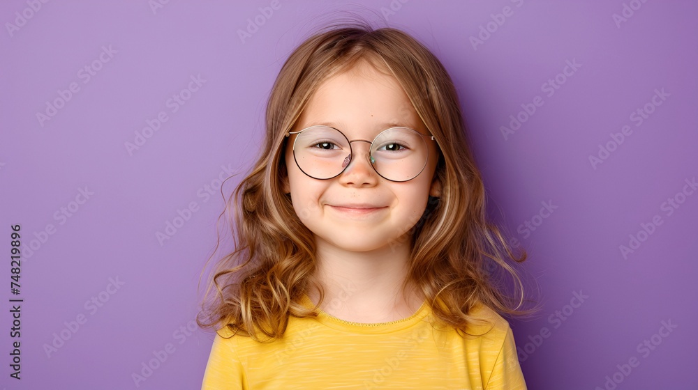 Obraz premium Happy child with glasses, smiling against a lavender background, exuding youth and positivity.
