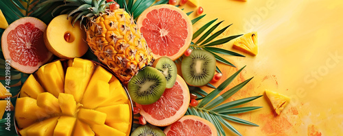 Tropical fruit platter with pineapple, mango, and kiwi. Overhead shot on a vibrant tropical background Top view space to copy
