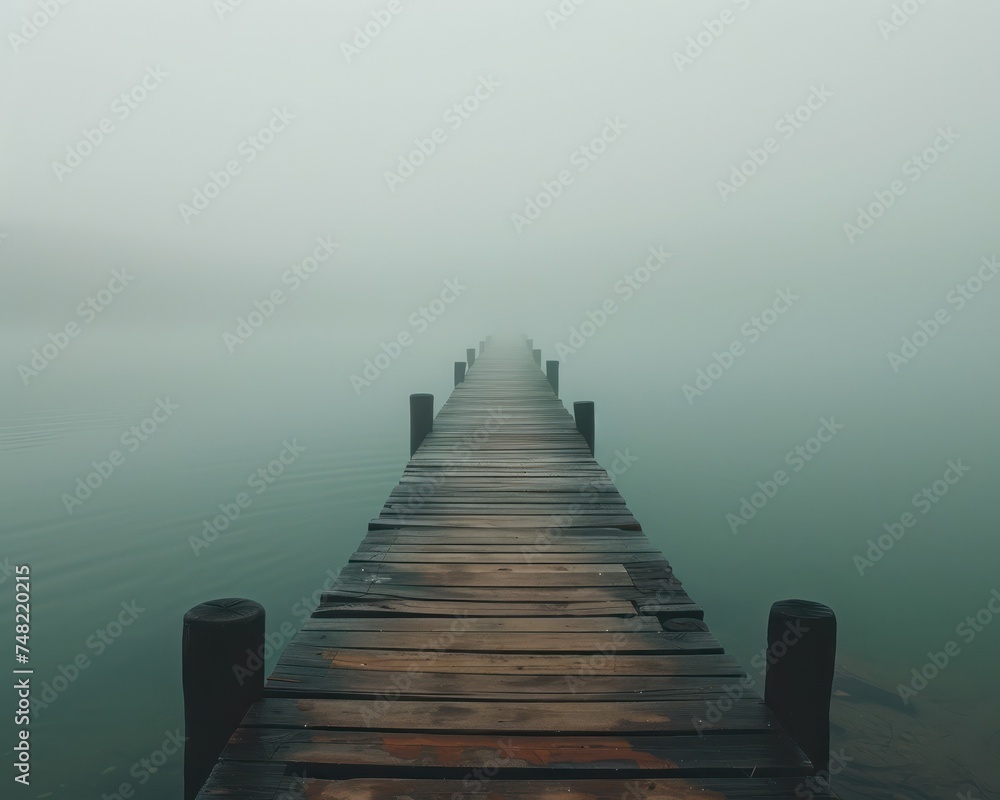 Medium shot of a minimalist pier extending into a foggy lake isolation contemplation silence mystery standing alone at the edge of the water minimalist reflection Depicted with the pier fading Medium shot of a minimalist pier extending into a foggy lake isolation contemplation silence mystery standing alone at the edge of the water minimalist reflection Depicted with the pier fading