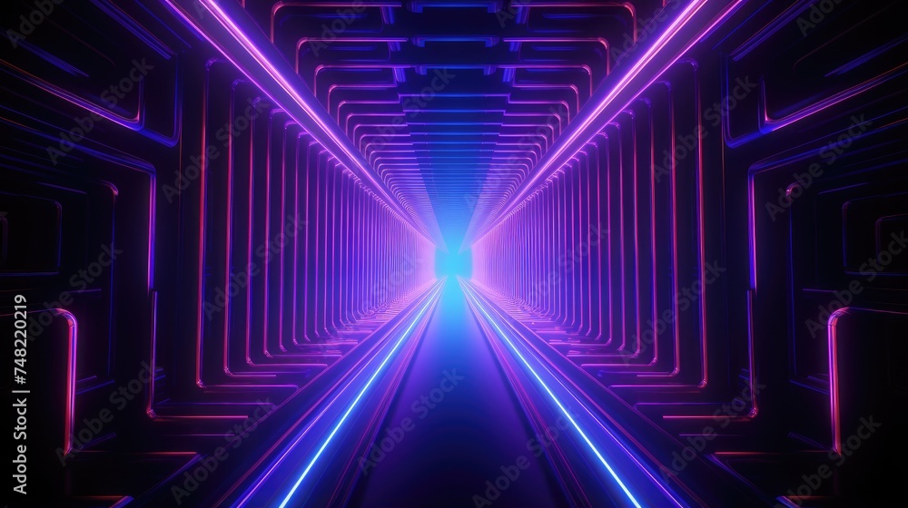 3D rendering. Futuristic sci-fi tunnel with glowing neon lights. Abstract geometric background.