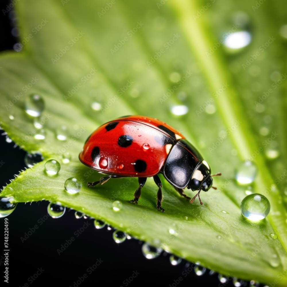 Fototapeta premium close up ladybug on grass. on a green leaf with dew drops