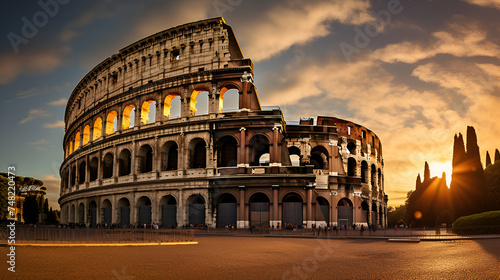 A majestic view of the Coliseum, also known as the Flavian Amphitheatre, in Rome, Italy, standing as a symbol of ancient Roman engineering prowess amidst the modern cityscape photo