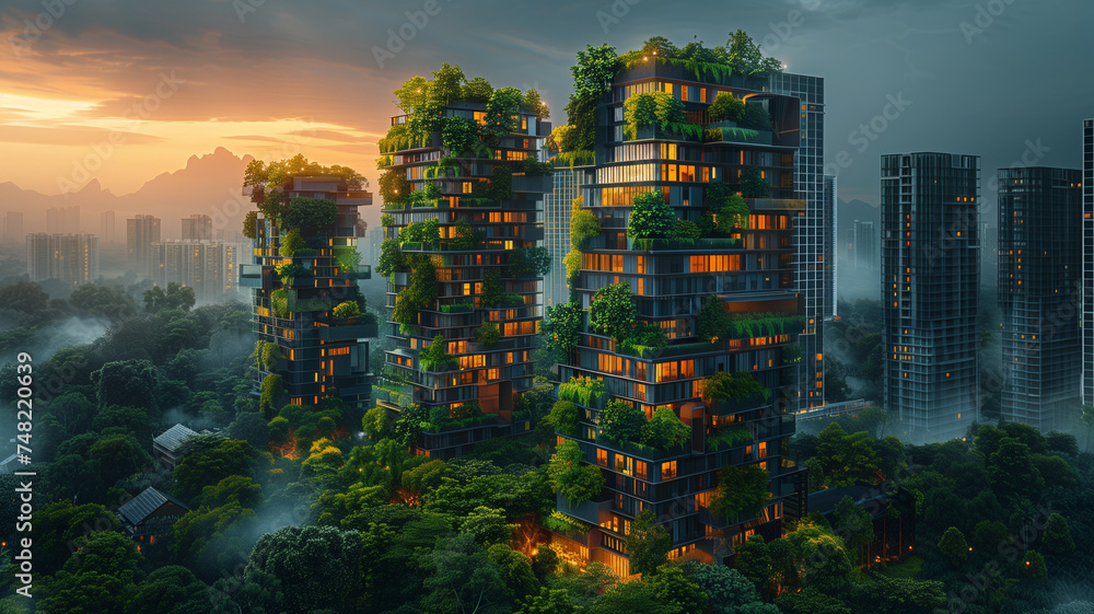 Obraz premium a network of eco-friendly buildings connected by green corridors and public parks