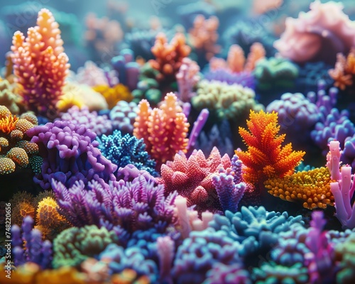 Close up of a flourishing coral reef teeming with marine life environmentalism underwater wonder conservation discovery snorkeling adventure minimalist ocean beauty Rendered with vivid life