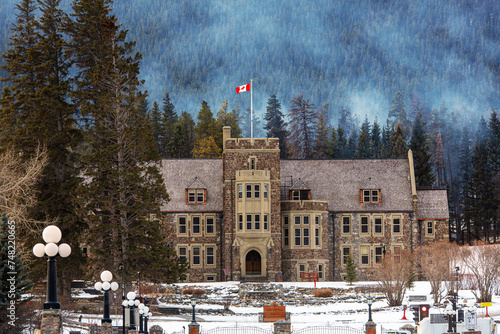The historic Banff National Park Administration Building in Banff, recognized as a Canada Federal Heritage Landmark built in 1934.