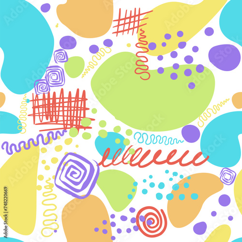 Fototapeta Naklejka Na Ścianę i Meble -  Seamless trendy pattern on a white background of colored different elements. hand drawing. Not AI, Vector illustration