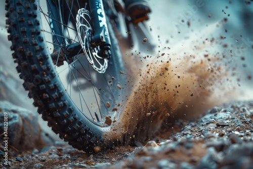 Close up of a mountain biker s tire kicking up dirt on a trail adventure speed nature challenge racing down a mountain trail minimalist biking Visualized with the tire and flying dirt against photo