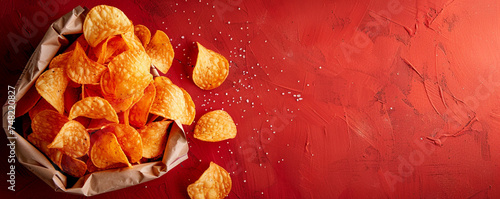 A bag of chips and a dip on a red background. Salty and savory snack for parties. Top view space to copy.