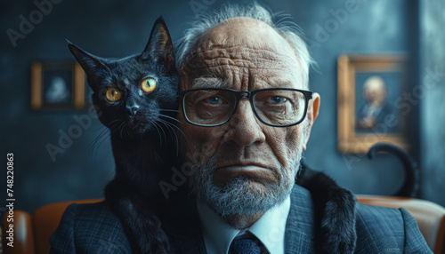 Portrait of a man with a black cat on his shoulders photo