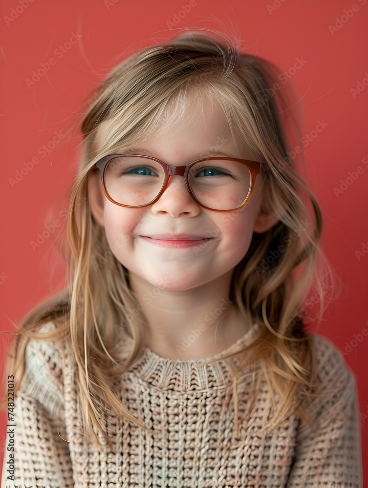Smiling child with stylish eyewear, stands out with a vivid red backdrop, looking smart.
