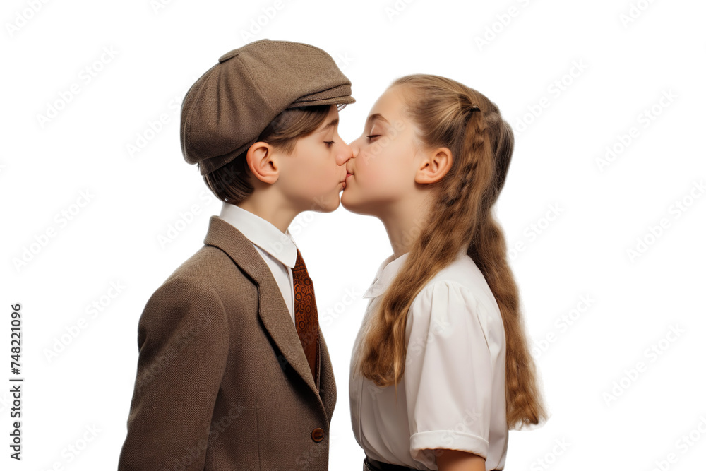 A Happy kissing Day 24 years old girl and boy, Isolated on transparent PNG background, Generative ai