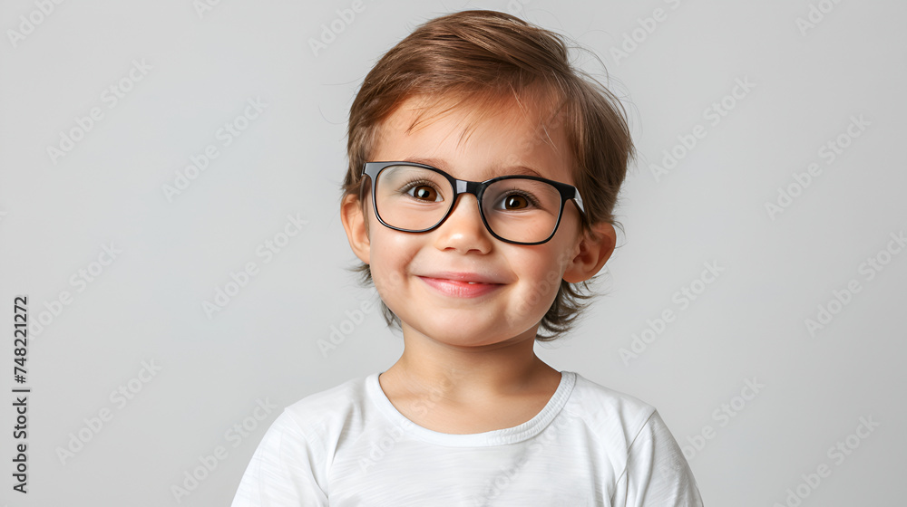 Young boy with stylish black frames, displaying a soft smile, on a minimalist grey canvas, expressing intelligence. Young boy with stylish black frames, displaying a soft smile, on a minimalist grey canvas, expressing intelligence.