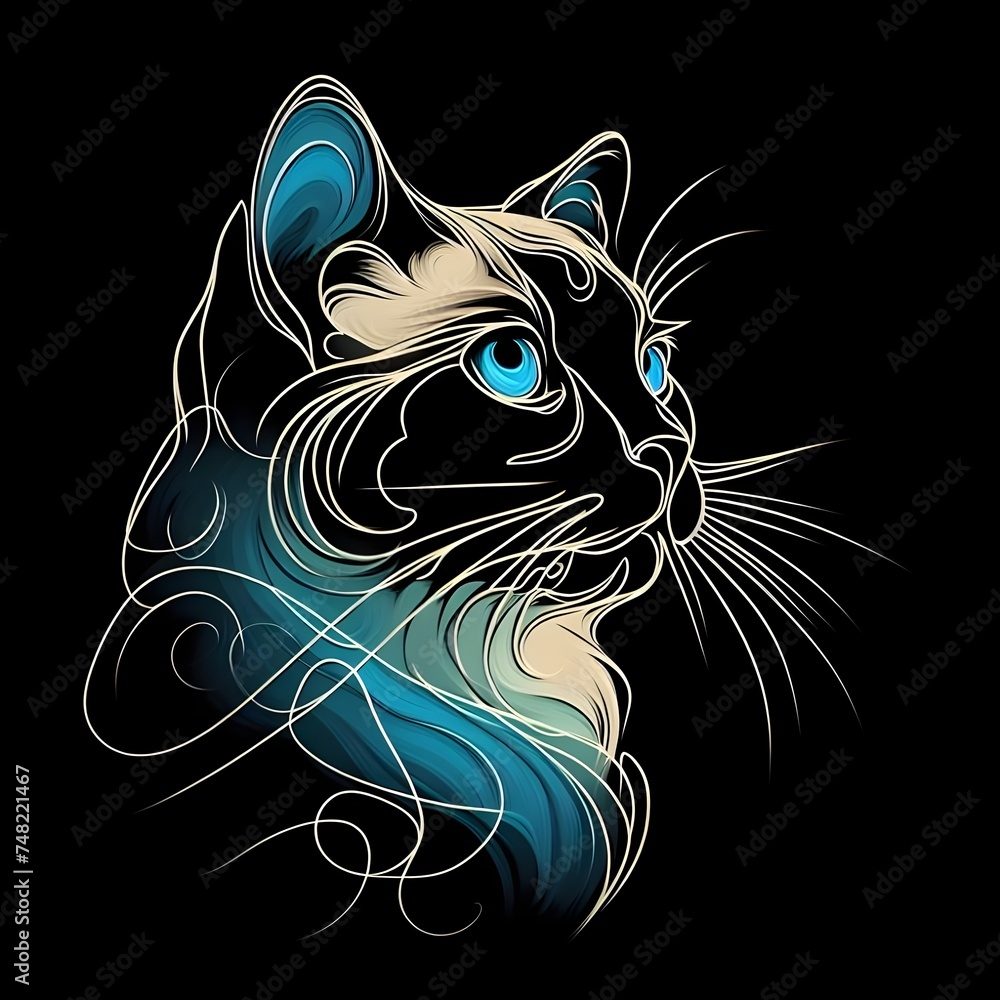One-line painting siamese cat with blue eyes.