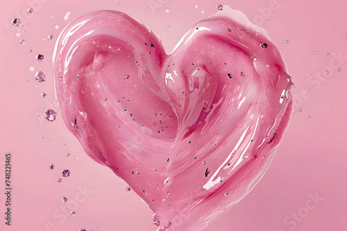 Liquid gel cosmetic smudge texture in heart shape on pink background. Aesthetic beautiful textured smear transparent skin gel or face mask like heart. Top view or flat lay photo