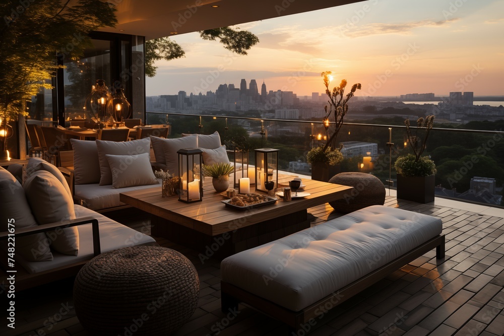 Luxury penthouse terrace with outdoor furniture with city view