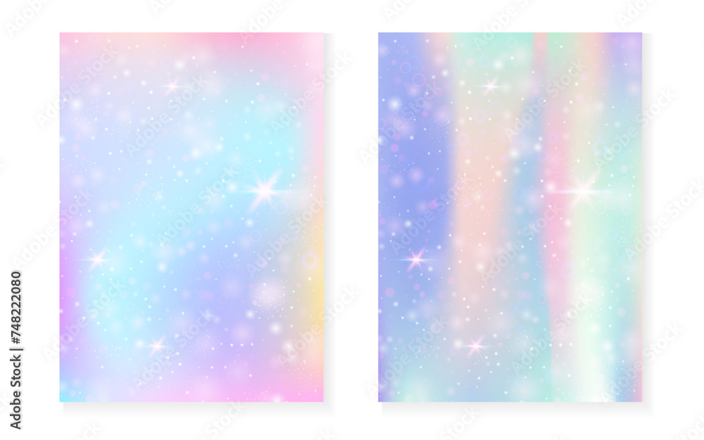Magic background with princess rainbow gradient. Kawaii unicorn hologram. Holographic fairy set. Trendy fantasy cover. Magic background with sparkles and stars for cute girl party invitation. Magic background with princess rainbow gradient. Kawaii unicorn hologram. Holographic fairy set. Trendy fantasy cover. Magic background with sparkles and stars for cute girl party invitation.