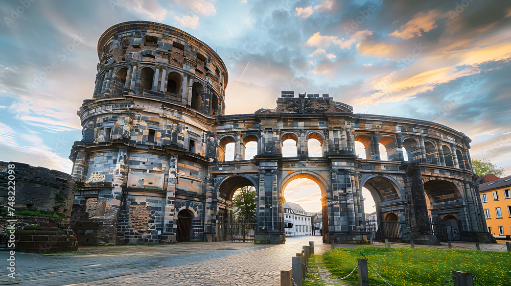 Amazing view of famous Porta Nigra (Black gate) - ancient Roman city gate in Trier, Germany. UNESCO.