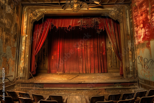 A decrepit, old theater, curtains unveiling an otherworldly scene photo