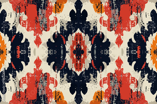 Ikat seamless pattern is inspired by famous paintings, featuring a flat design with vibrant colors.