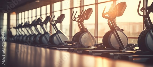 A row of exercise bikes lined up next to a large window in a well-lit gym room. The bikes are stationary and ready for use, with abstract blur and defocus fitness equipment in the background.