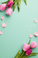 Mother's day freshness: spring's gentle touch. Top view vertical shot of tulips, pink paper hearts and scattered confetti on teal background with space for personalized messages and wishes