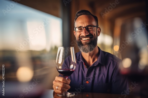 Close up photo of a man wearing glasses looking at the camera carrying a glass in the background of a home kitchen