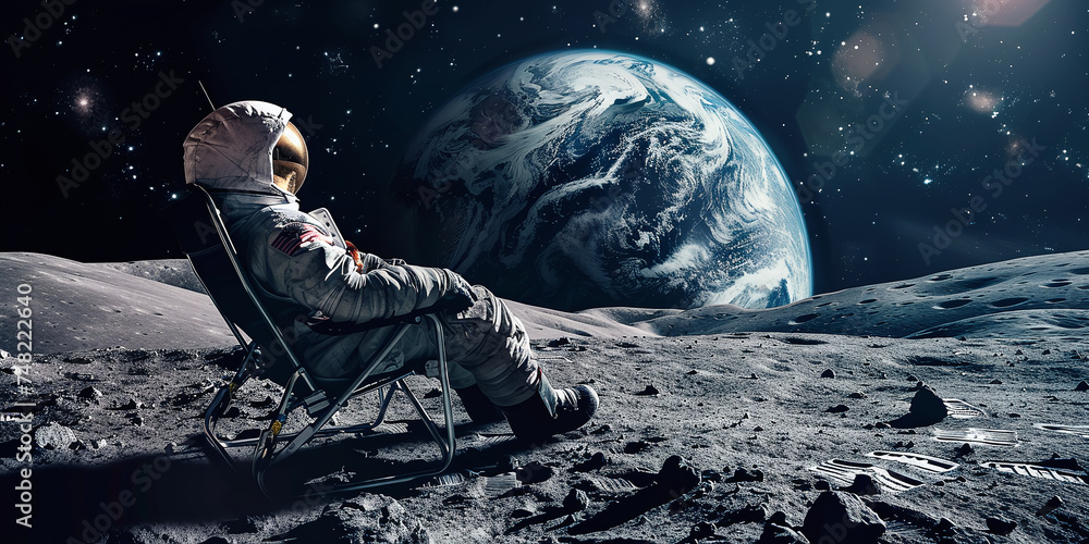 astronaut sits in a chair on the moon and looks at planet earth