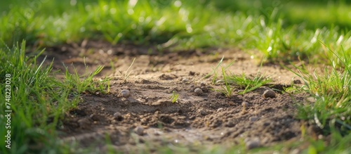 A neglected patch of dirt and grass sits in the middle of a larger field, showing signs of pest and disease damage. The grass is patchy, and the lawn appears poorly maintained. photo