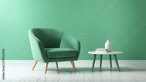 Minimalist Sofa Set with 3D Green Accent Chair. Isolated on Pastel Background, Perfect for Creating Elegant Interior Design Concepts for Web Banners and Advertisements