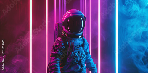 an astronaut in a spacesuit stands in front of neon lights, in the style of colorful gradients