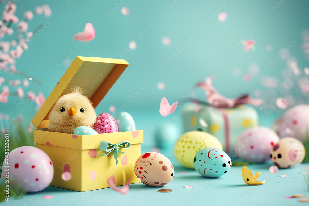 Easter day design with open gift box full of decorative festive for Easter.