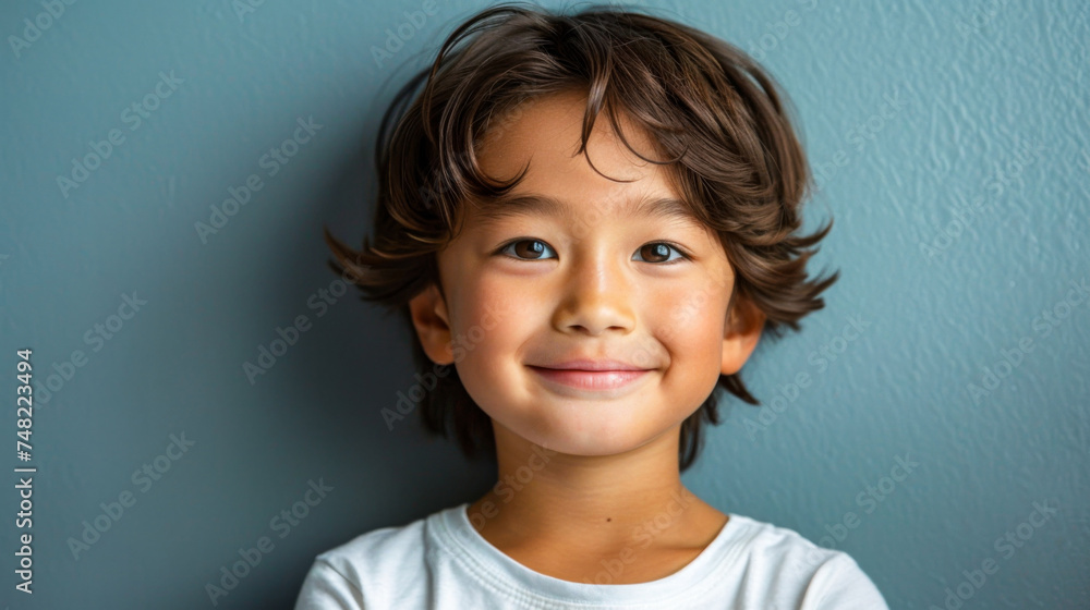 Smiling Asian boy with wavy hair against blue wall Smiling Asian boy with wavy hair against blue wall