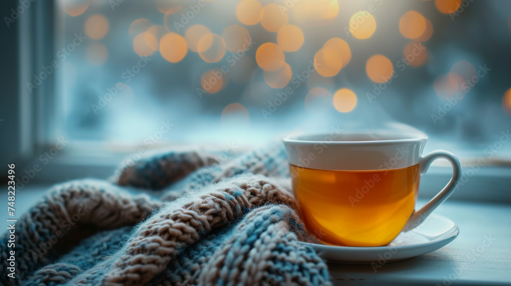 Warm Tea Cup Wrapped in Scarf by Frosty Window
